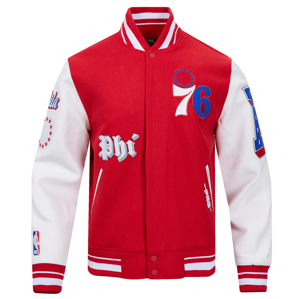 NBA PHILADELPHIA 76ERS OLD ENGLISH MEN'S RIB WOOL VARSITY JACKET (RED/WHITE) - Image 10