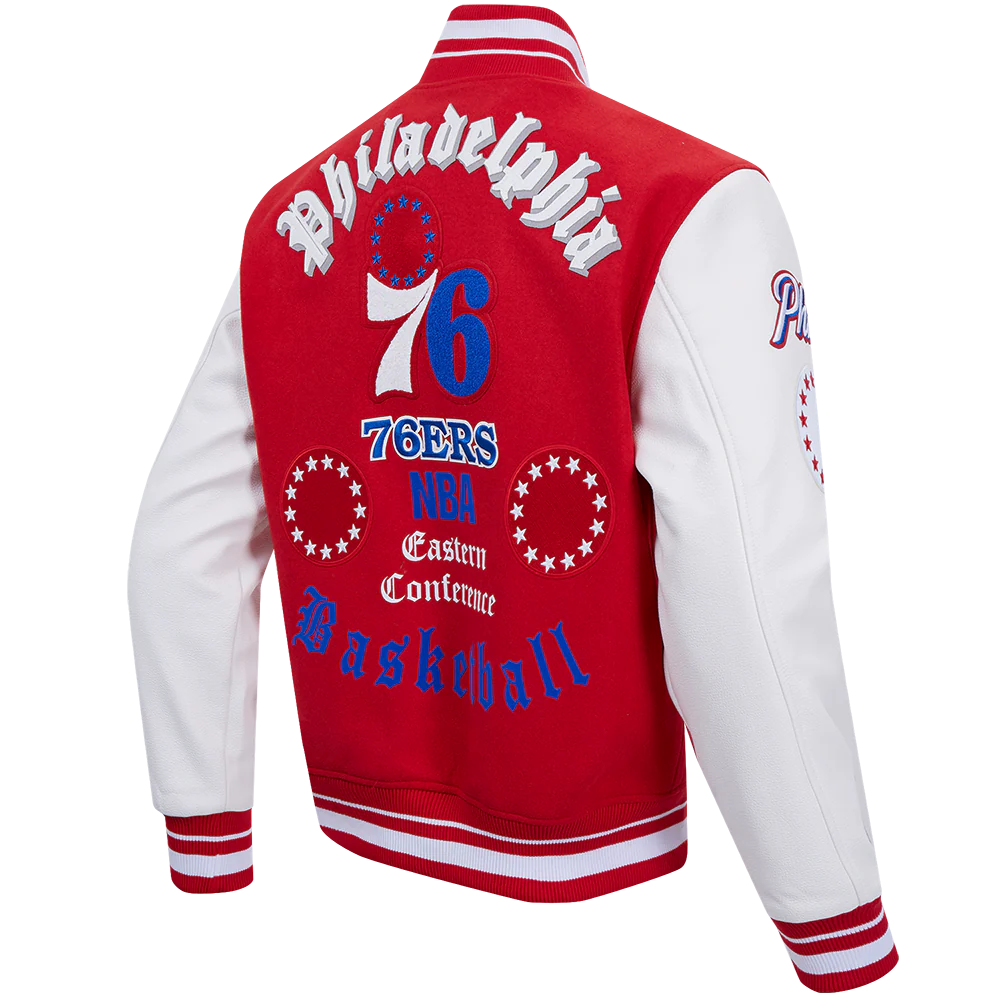 NBA PHILADELPHIA 76ERS OLD ENGLISH MEN'S RIB WOOL VARSITY JACKET (RED/WHITE) - Image 3