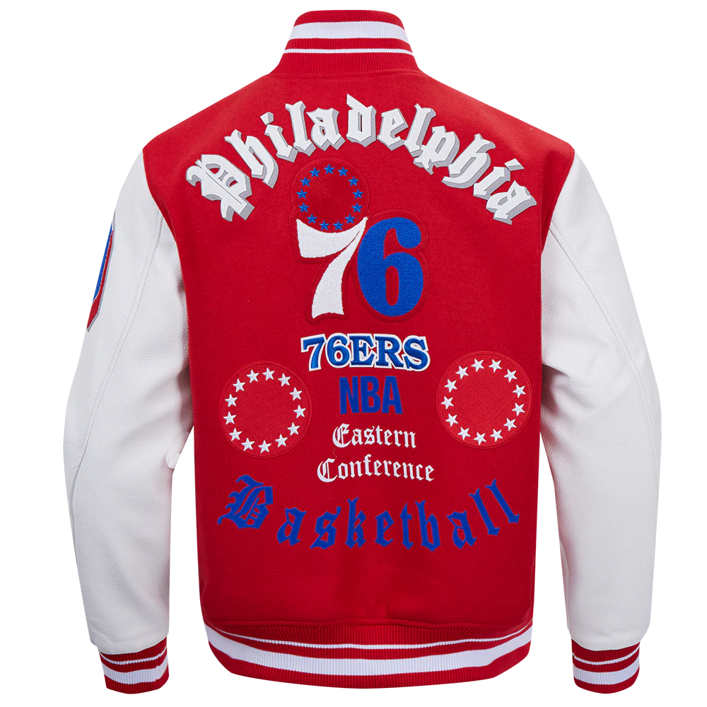 NBA PHILADELPHIA 76ERS OLD ENGLISH MEN'S RIB WOOL VARSITY JACKET (RED/WHITE) - Image 4