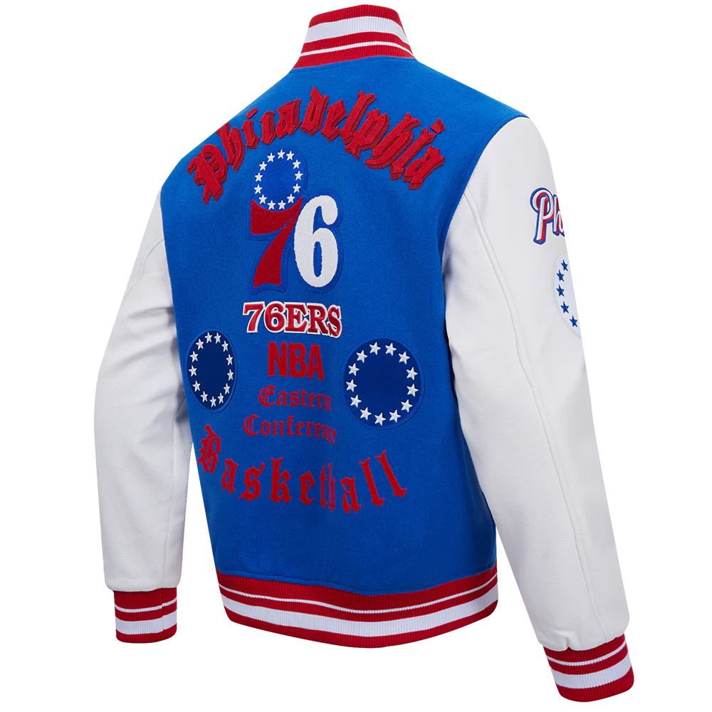 NBA PHILADELPHIA 76ERS OLD ENGLISH MEN'S RIB WOOL VARSITY JACKET (ROYAL BLUE/RED) - Image 3