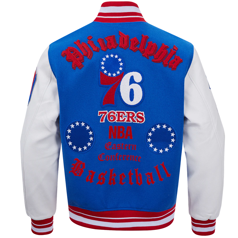 NBA PHILADELPHIA 76ERS OLD ENGLISH MEN'S RIB WOOL VARSITY JACKET (ROYAL BLUE/RED) - Image 4