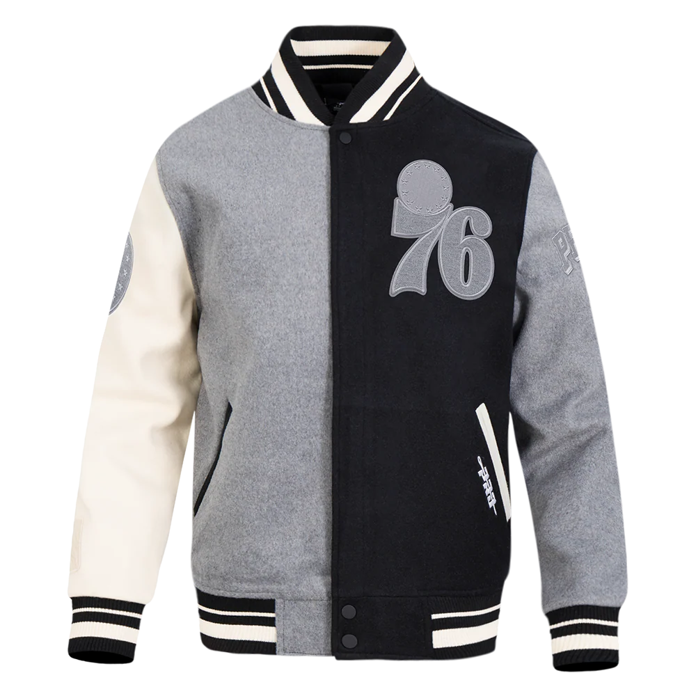 NBA PHILADELPHIA 76ERS REVERSE FRENCH TERRY MEN'S CB WOOL VARSITY JA (BLACK/GRAY/EGGSHELL)