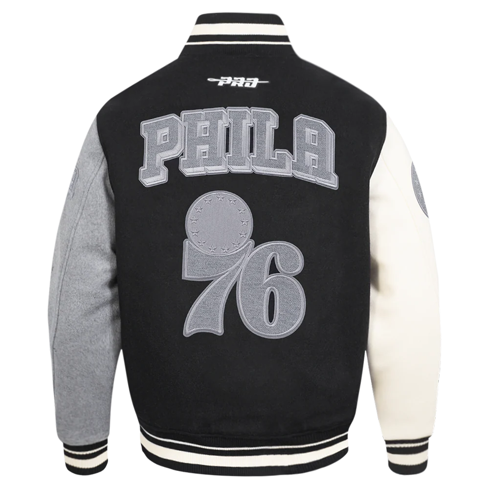 NBA PHILADELPHIA 76ERS REVERSE FRENCH TERRY MEN'S CB WOOL VARSITY JA (BLACK/GRAY/EGGSHELL) - Image 3