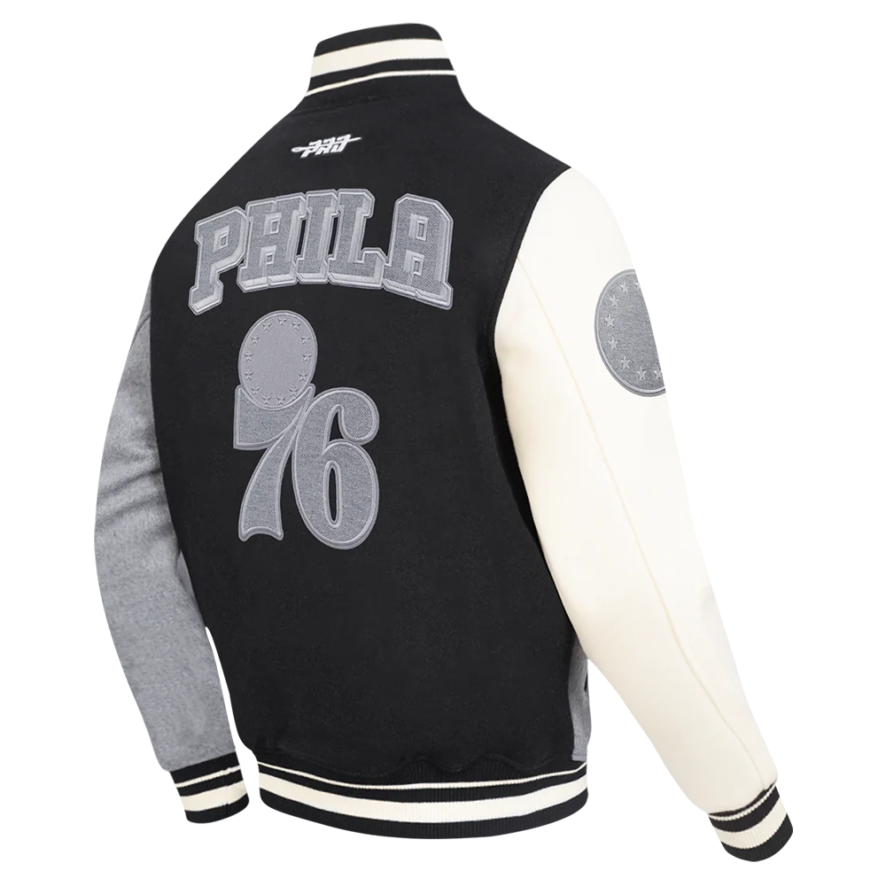 NBA PHILADELPHIA 76ERS REVERSE FRENCH TERRY MEN'S CB WOOL VARSITY JA (BLACK/GRAY/EGGSHELL) - Image 4