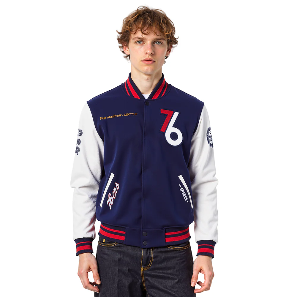 NBA PHILADELPHIA 76ERS CITY EDITION 25-26 MEN'S RIB WOOL VARSITY JACKET (MIDNIGHT NAVY/RED/MIDNIGHT NAVY)