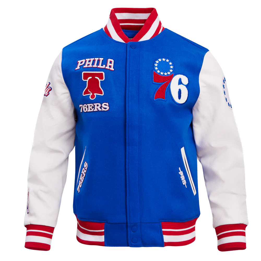 NBA PHILADELPHIA 76ERS RETRO CLASSIC MEN'S RIB WOOL VARSITY JACKET (ROYAL/RED)