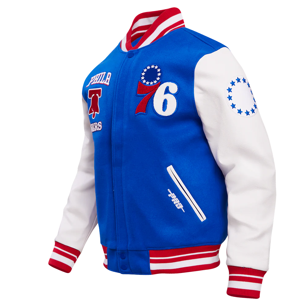 NBA PHILADELPHIA 76ERS RETRO CLASSIC MEN'S RIB WOOL VARSITY JACKET (ROYAL/RED) - Image 2