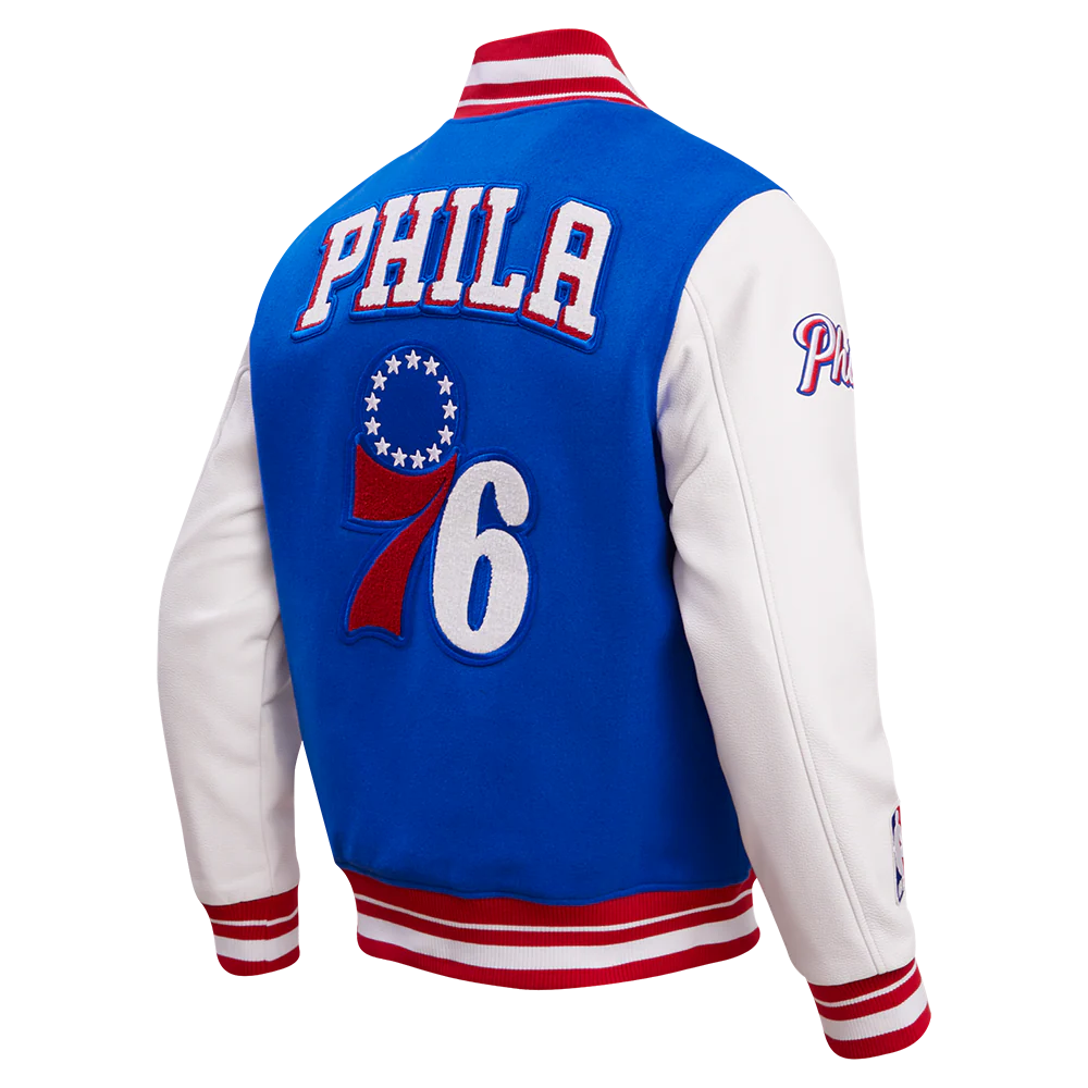 NBA PHILADELPHIA 76ERS RETRO CLASSIC MEN'S RIB WOOL VARSITY JACKET (ROYAL/RED) - Image 3