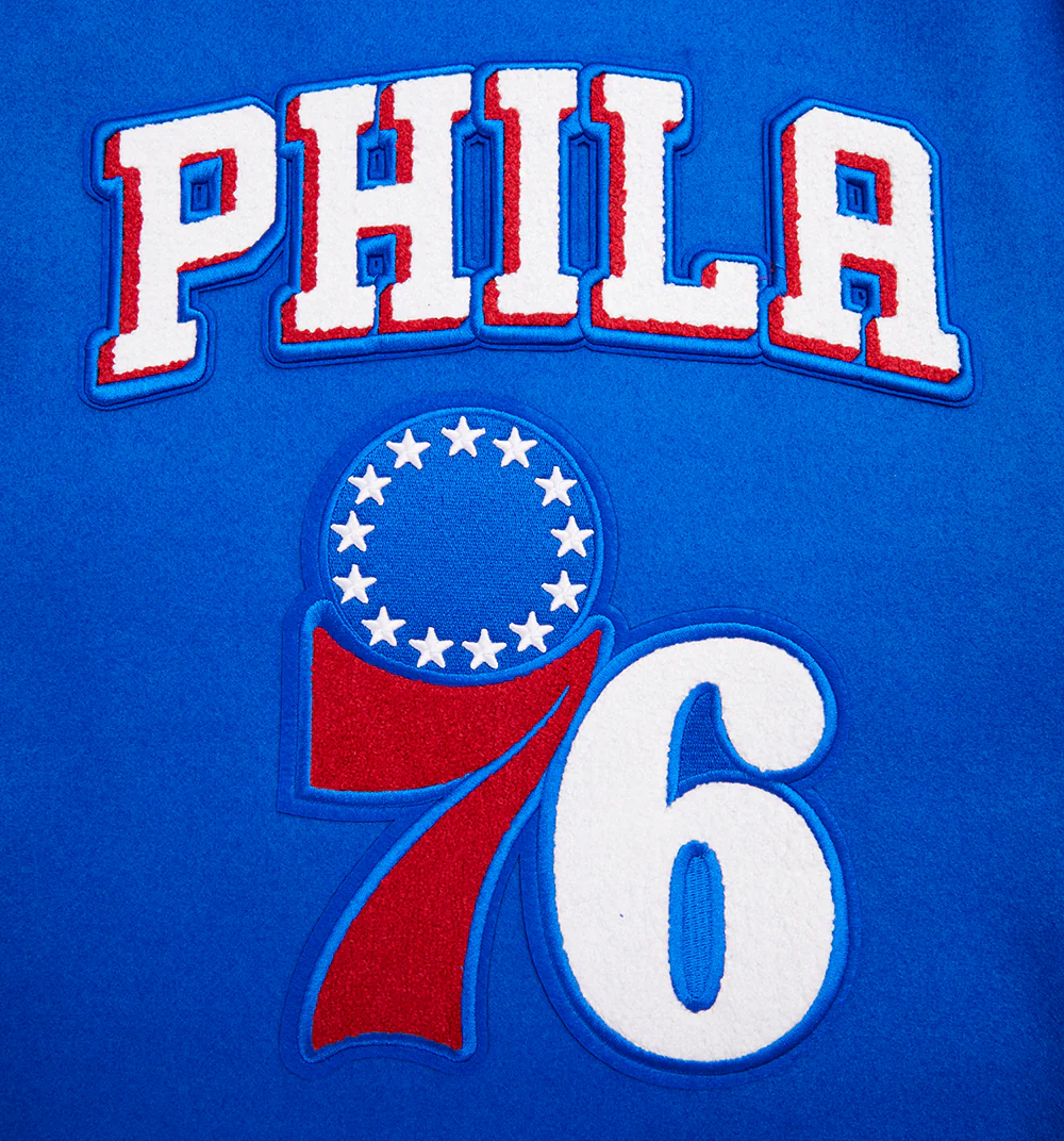 NBA PHILADELPHIA 76ERS RETRO CLASSIC MEN'S RIB WOOL VARSITY JACKET (ROYAL/RED) - Image 5
