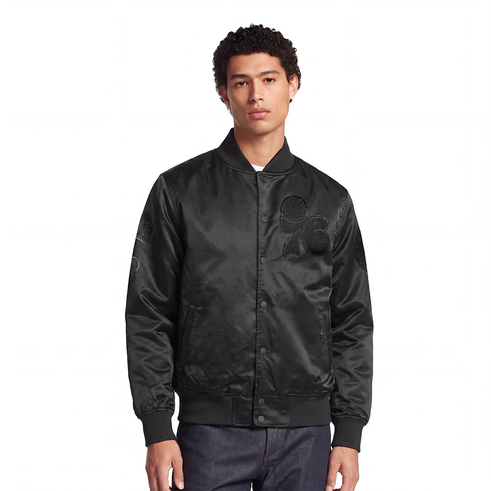 NBA PHILADELPHIA 76ERS CLASSIC MEN'S 3BK SATIN JACKET (TRIPLE BLACK)