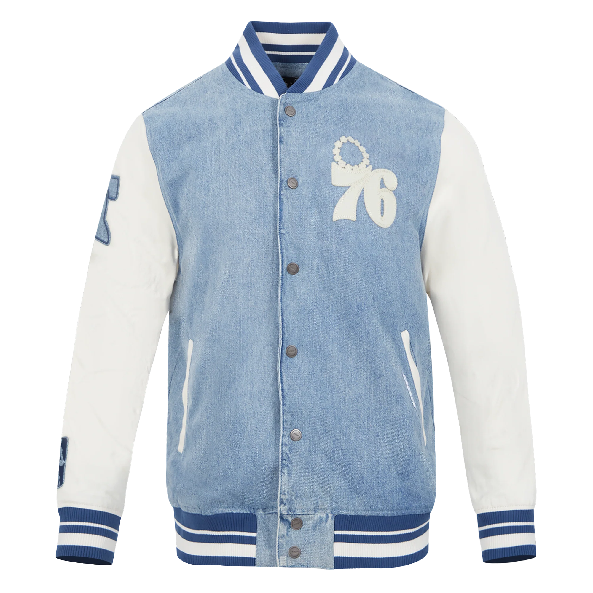 NBA PHILADELPHIA 76ERS VARSITY BLUES MEN'S DENIM VARSITY JACKET (DENIM/LINEN)