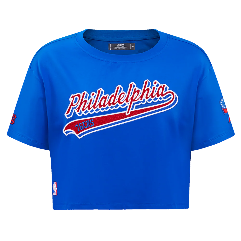 NBA PHILADELPHIA 76ers SCRIPT TAIL WOMEN'S SINGLE JERSEY BOXY TEE (ROYAL BLUE)