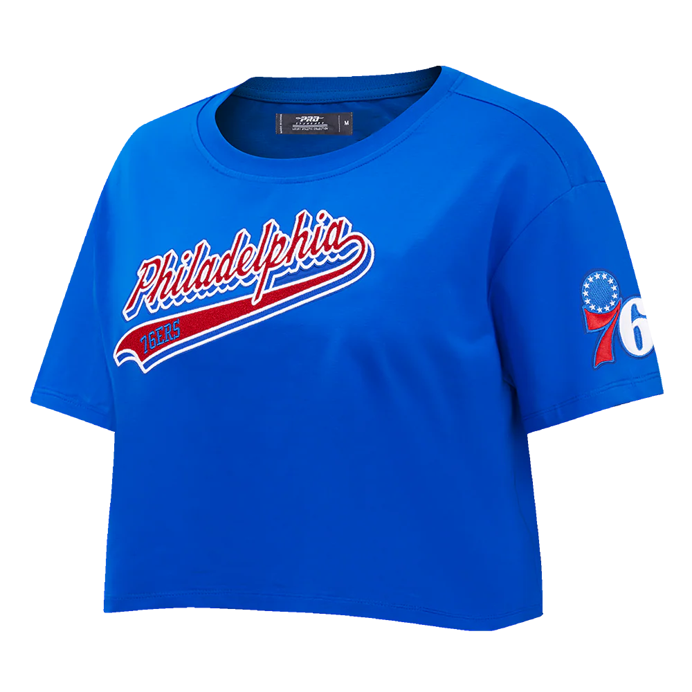 NBA PHILADELPHIA 76ers SCRIPT TAIL WOMEN'S SINGLE JERSEY BOXY TEE (ROYAL BLUE) - Image 2