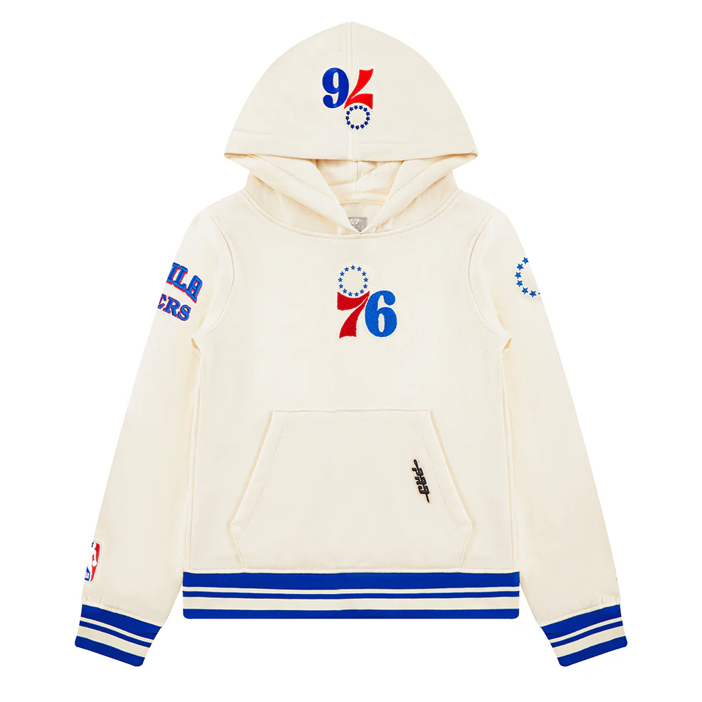 NBA PHILADELPHIA 76ERS RETRO CLASSIC BIG BOYS RIB FLEECE PULLOVER HOODIE (EGGSHELL/ROYAL BLUE)