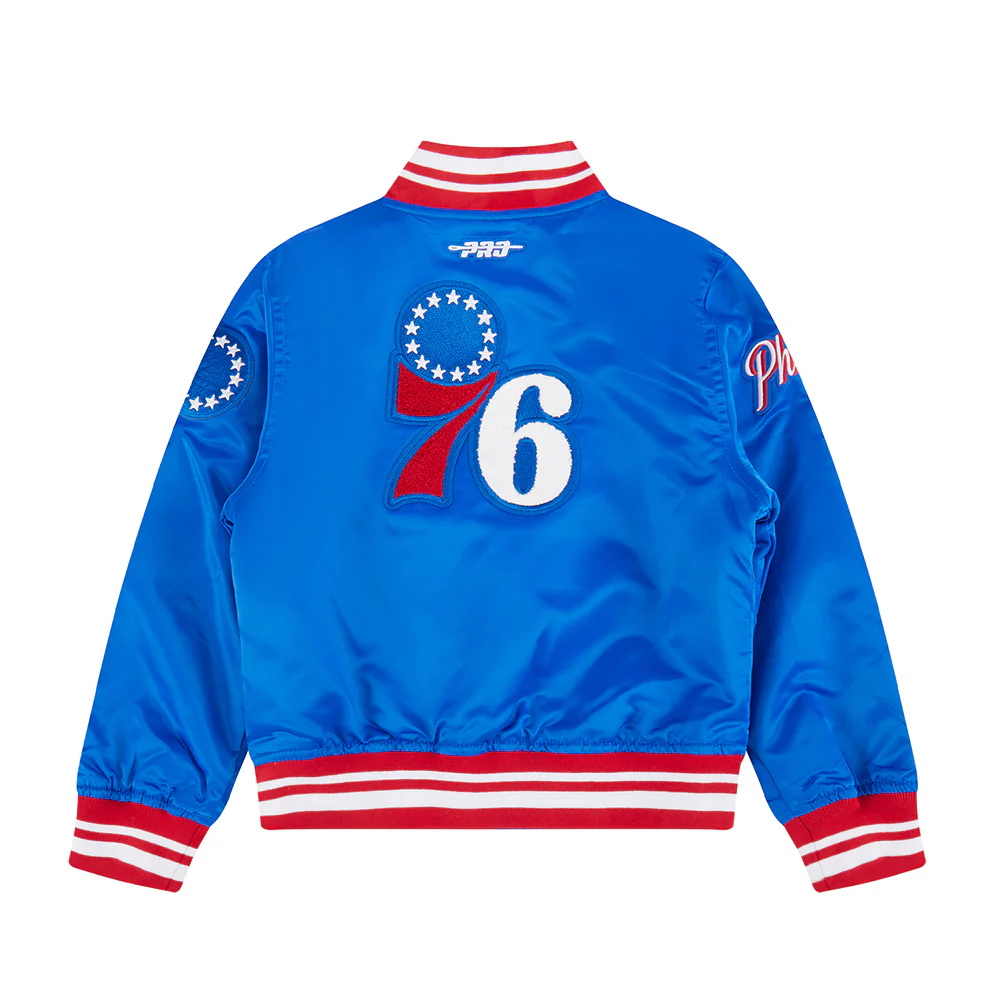 NBA PHILADELPHIA 76ERS RETRO CLASSIC BIG BOYS RIB SATIN JACKET (ROYAL BLUE/RED) - Image 2