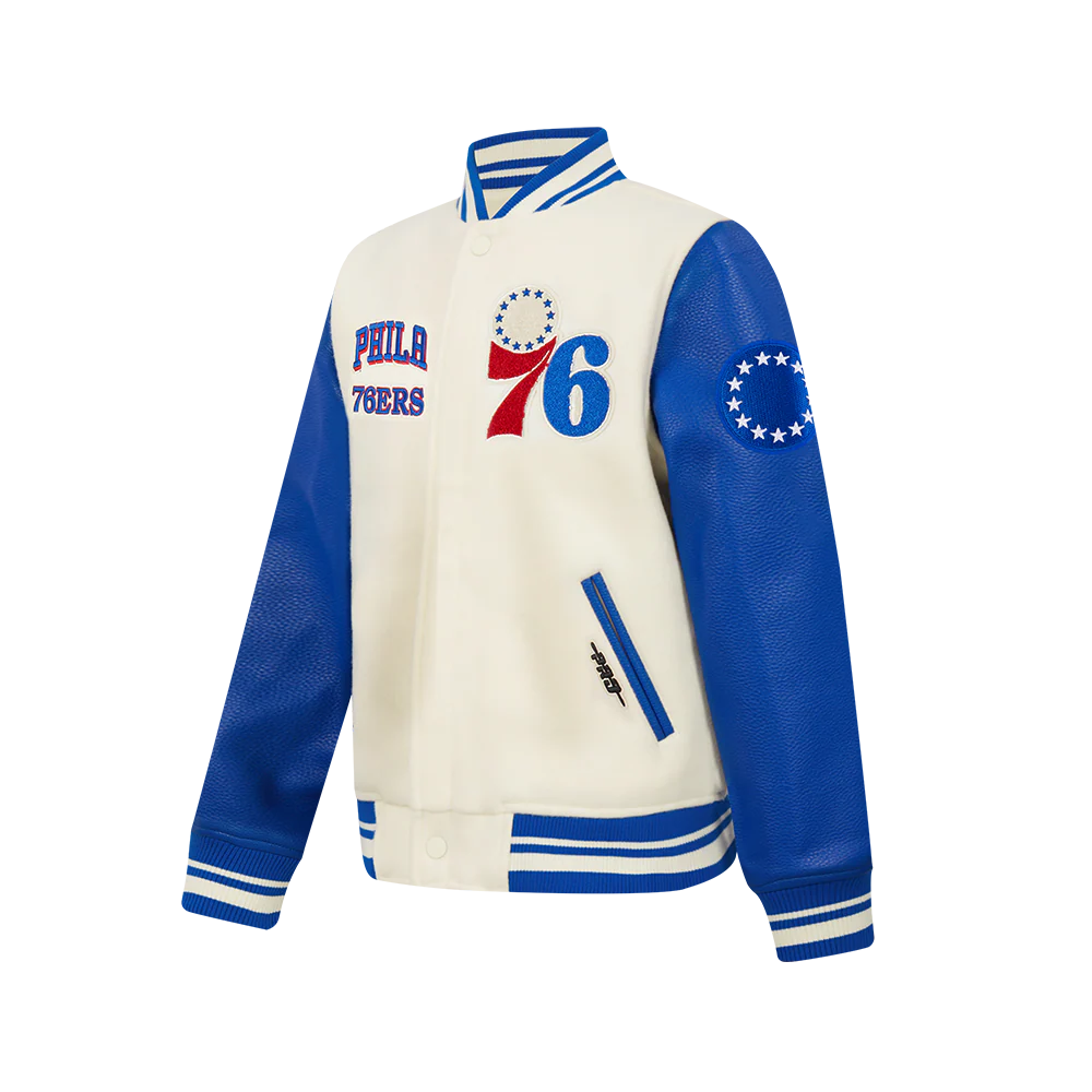 NBA PHILADELPHIA 76ERS RETRO CLASSIC BIG BOYS RIB WOOL VARSITY JACKET (EGGSHELL/ROYAL BLUE) - Image 2