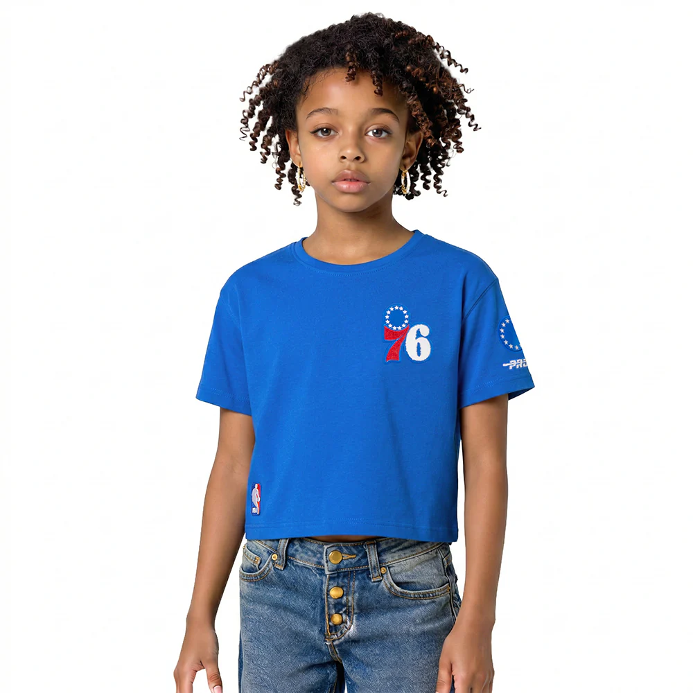 NBA PHILADELPHIA 76ERS CLASSIC BIG GIRLS SHORT SLEEVE BOXY TEE (ROYAL BLUE)