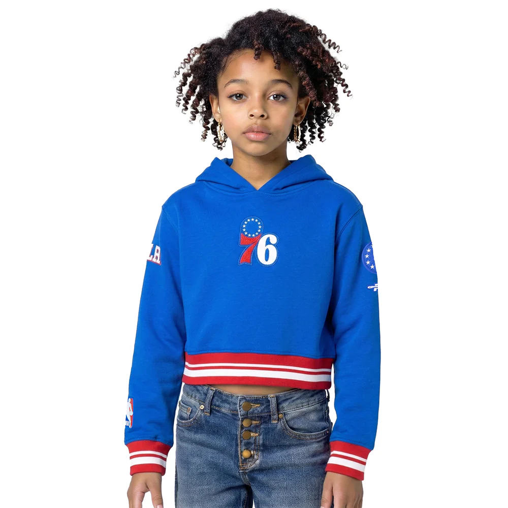 NBA PHILADELPHIA 76ERS RETRO CLASSIC BIG GIRLS  RIB FLEECE PULLOVER HOODIE (ROYAL BLUE/RED)