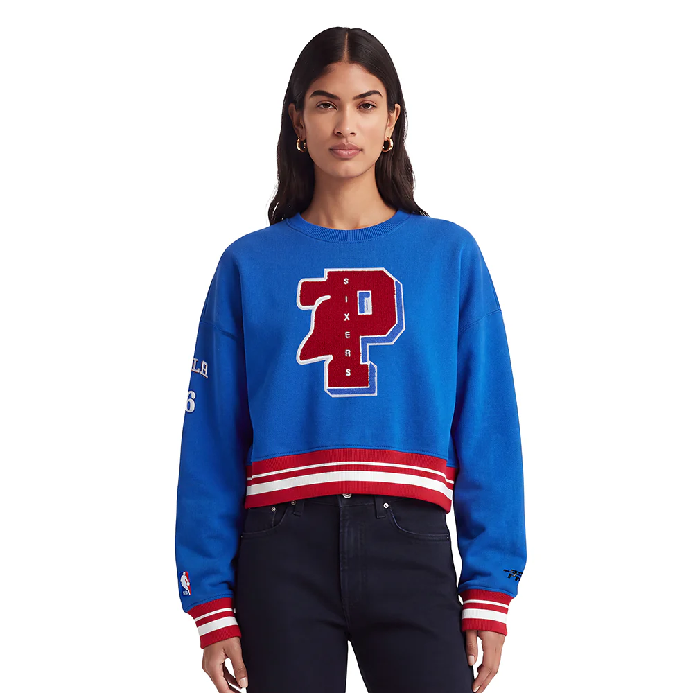 NBA PHILADELPHIA 76ERS MASHUP WOMEN'S RIB CREWNECK (ROYAL BLUE/RED)