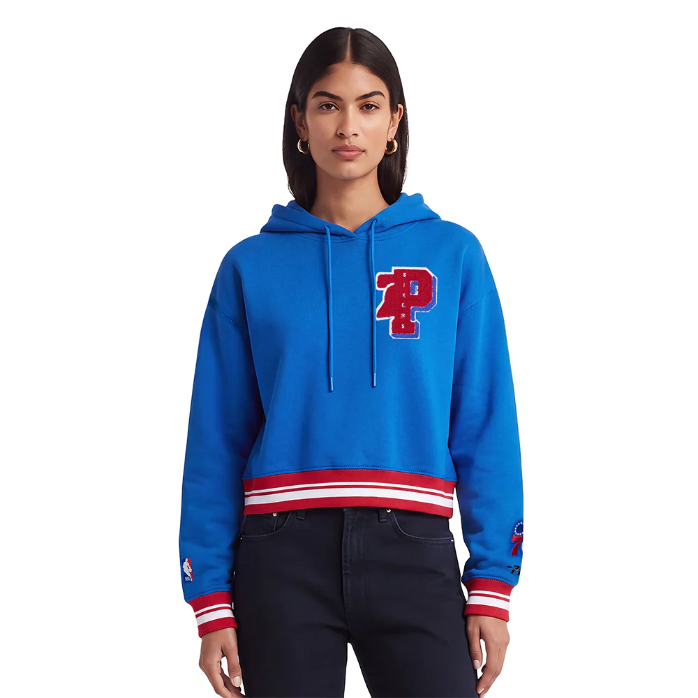 NBA PHILADELPHIA 76ERS MASHUP WOMEN'S RIB CROPPED PULLOVER HOODIE (ROYAL BLUE/RED)