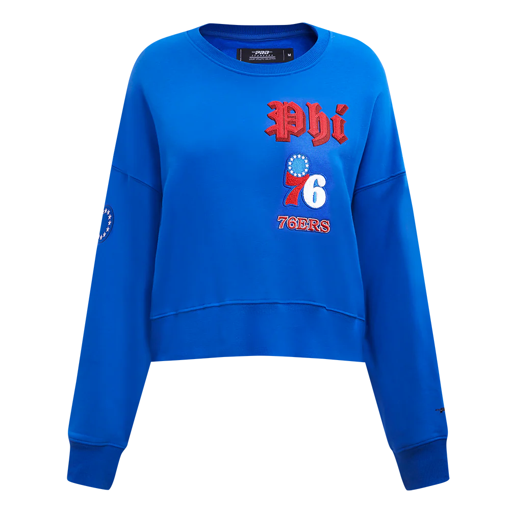 NBA PHILADELPHIA 76ERS OLD ENGLISH WOMEN'S FLC CREWNECK (ROYAL BLUE) - Image 3