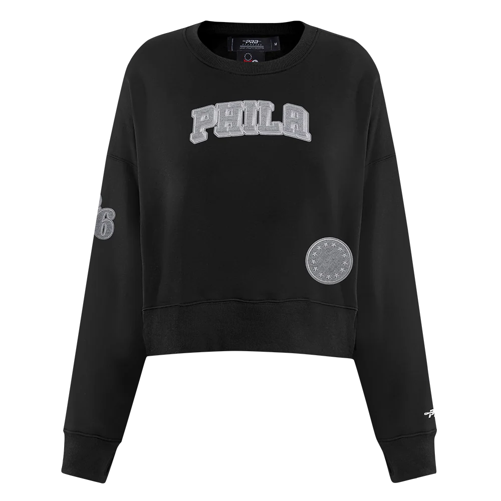 NBA PHILADELPHIA 76ERS REVERSE FRENCH TERRY WOMEN'S FLEECE CREWNECK (BLACK)