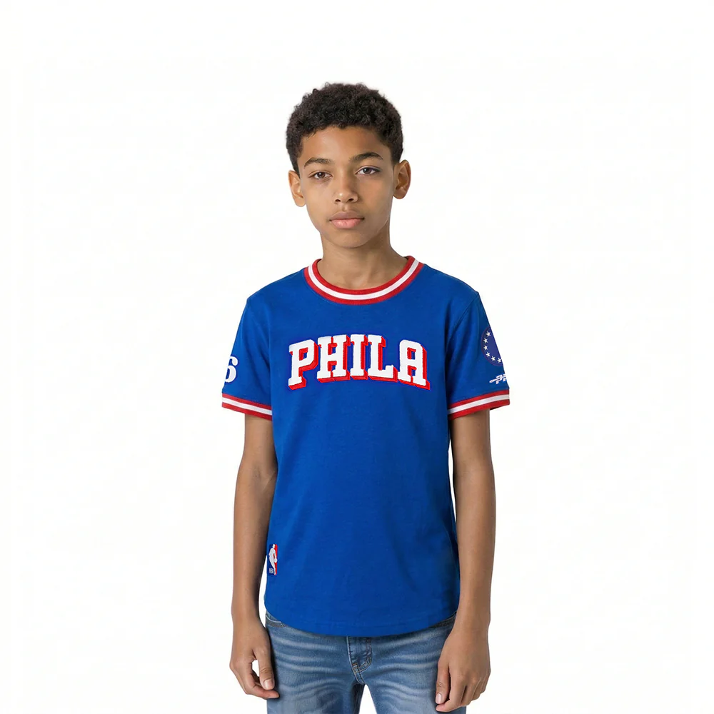 NBA PHILADELPHIA 76ERS CLASSIC LITTLE BOYS SHORT SLEEVE STRIPED RIB TEE (ROYAL BLUE/RED)