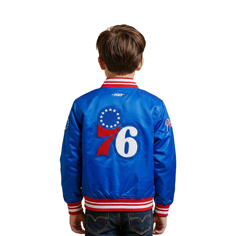 NBA PHILADELPHIA 76ERS RETRO CLASSIC LITTLE BOYS RIB SATIN JACKET (ROYAL BLUE/RED) - Image 2