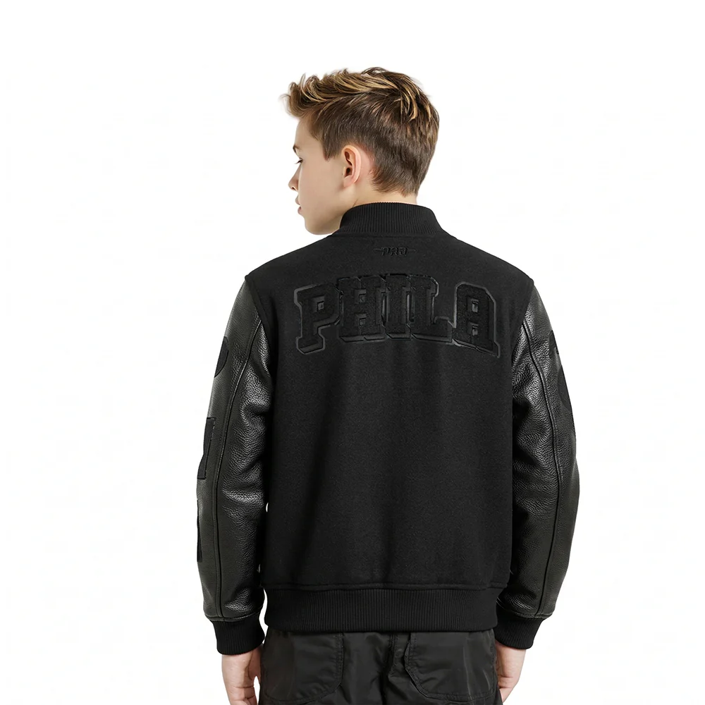 NBA PHILADELPHIA 76ERS TRIPLE BLACK LITTLE BOYS WOOL VARSITY JACKET (JET BLACK) - Image 2