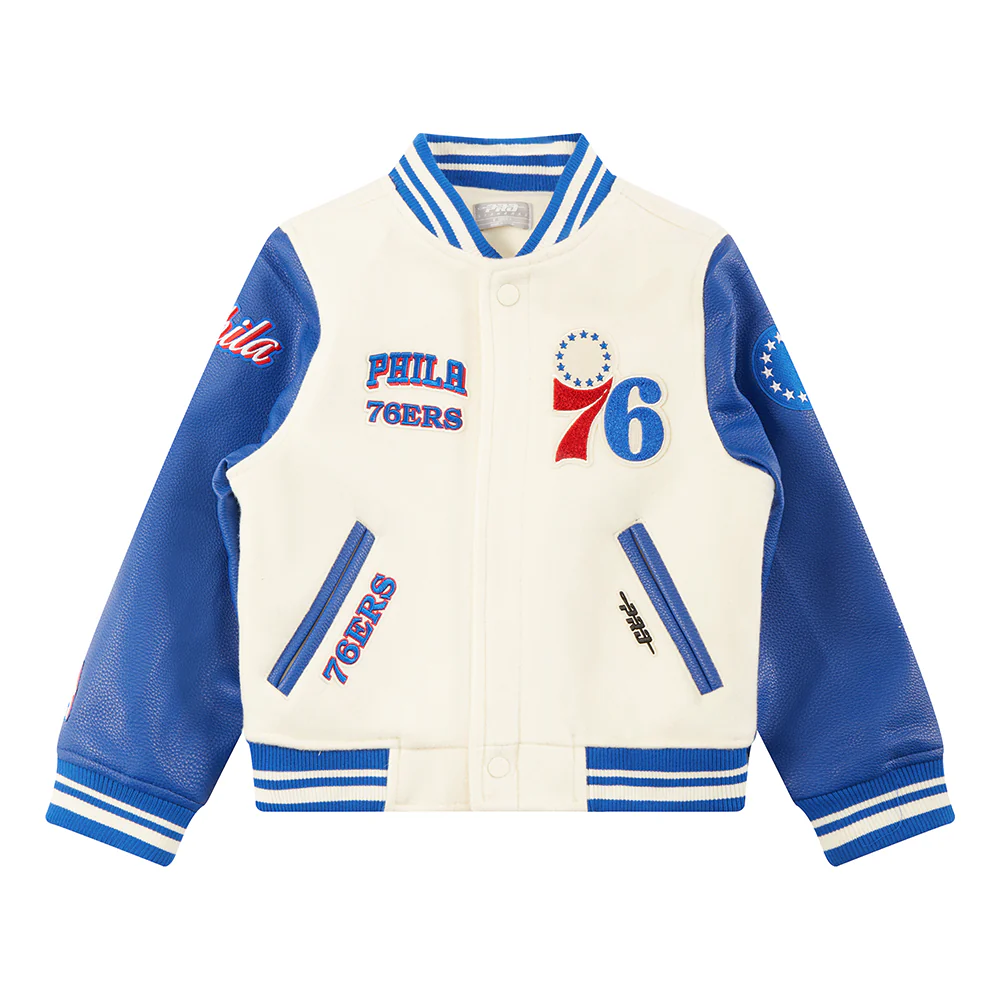 NBA PHILADELPHIA 76ERS RETRO CLASSIC LITTLE BOYS RIB WOOL VARSITY JACKET (EGGSHELL/ROYAL BLUE) - Image 3