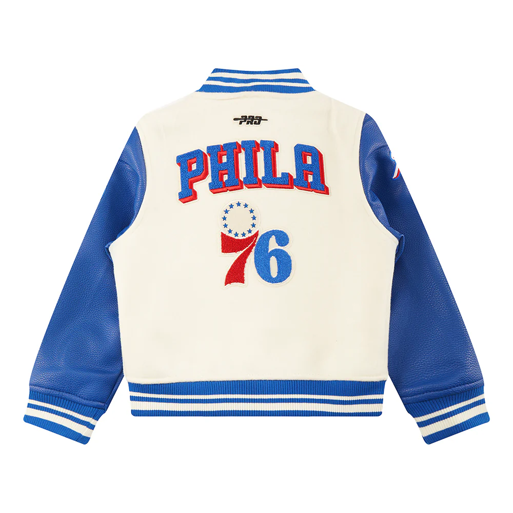 NBA PHILADELPHIA 76ERS RETRO CLASSIC LITTLE BOYS RIB WOOL VARSITY JACKET (EGGSHELL/ROYAL BLUE) - Image 4