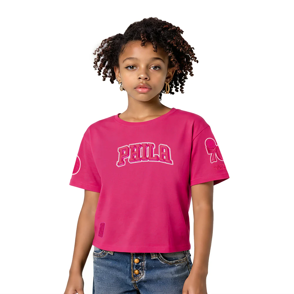 NBA PHILADELPHIA 76ERS TRIPLE PINK LITTLE GIRLS SHORT SLEEVE BOXY TEE (BEETROOT PURPLE)