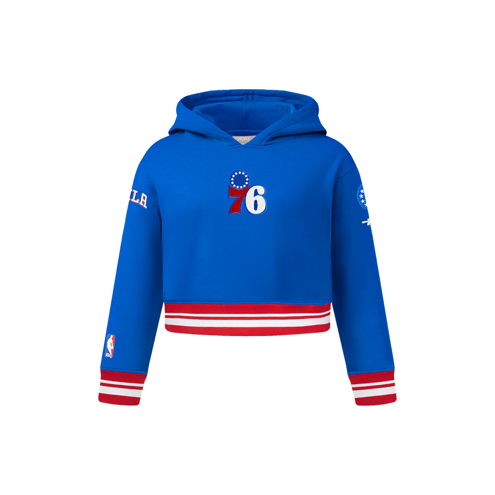 NBA PHILADELPHIA 76ERS RETRO CLASSIC LITTLE GIRLS RIB FLEECE PULLOVER HOODIE (ROYAL BLUE/RED)