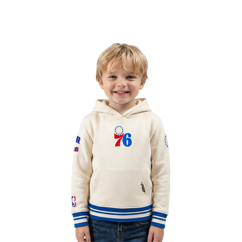 NBA PHILADELPHIA 76ERS RETRO CLASSIC TODDLER BOYS RIB FLEECE PULLOVER HOODIE (EGGSHELL/ROYAL BLUE)
