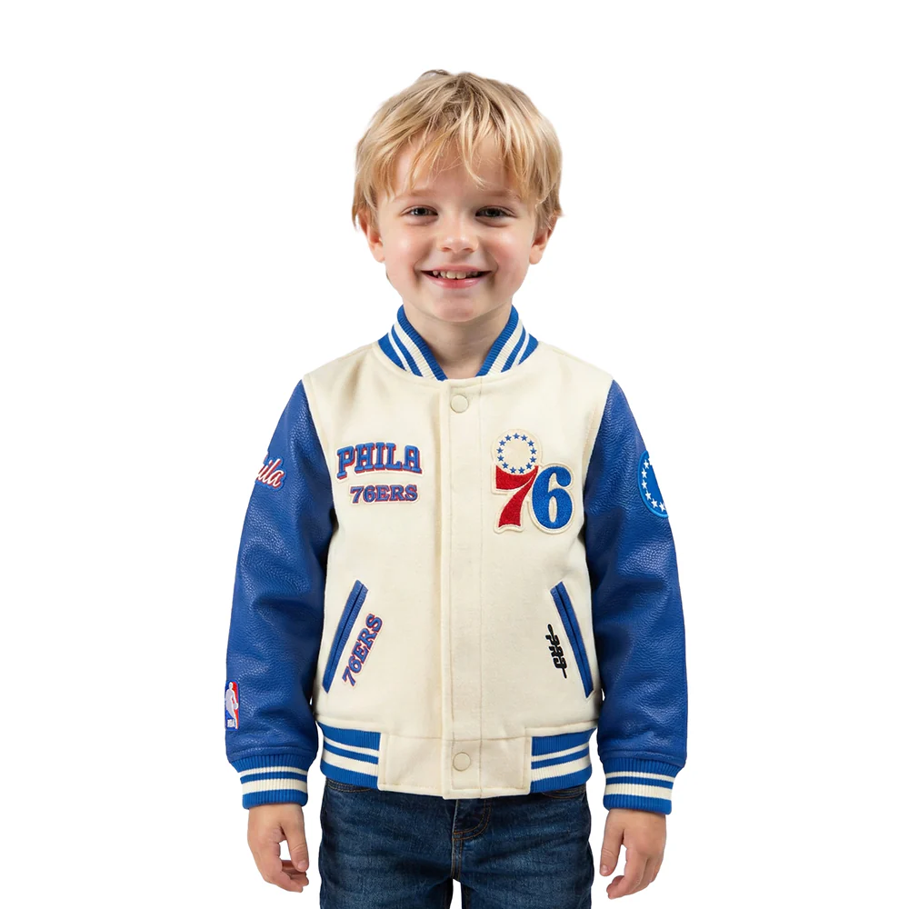 NBA PHILADELPHIA 76ERS RETRO CLASSIC TODDLER BOYS RIB WOOL VARSITY JACKET (EGGSHELL/ROYAL BLUE)