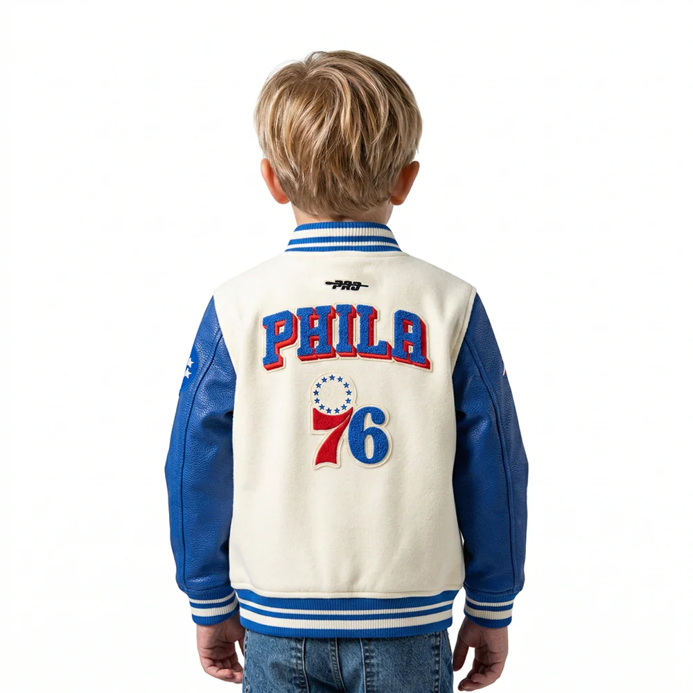 NBA PHILADELPHIA 76ERS RETRO CLASSIC TODDLER BOYS RIB WOOL VARSITY JACKET (EGGSHELL/ROYAL BLUE) - Image 2