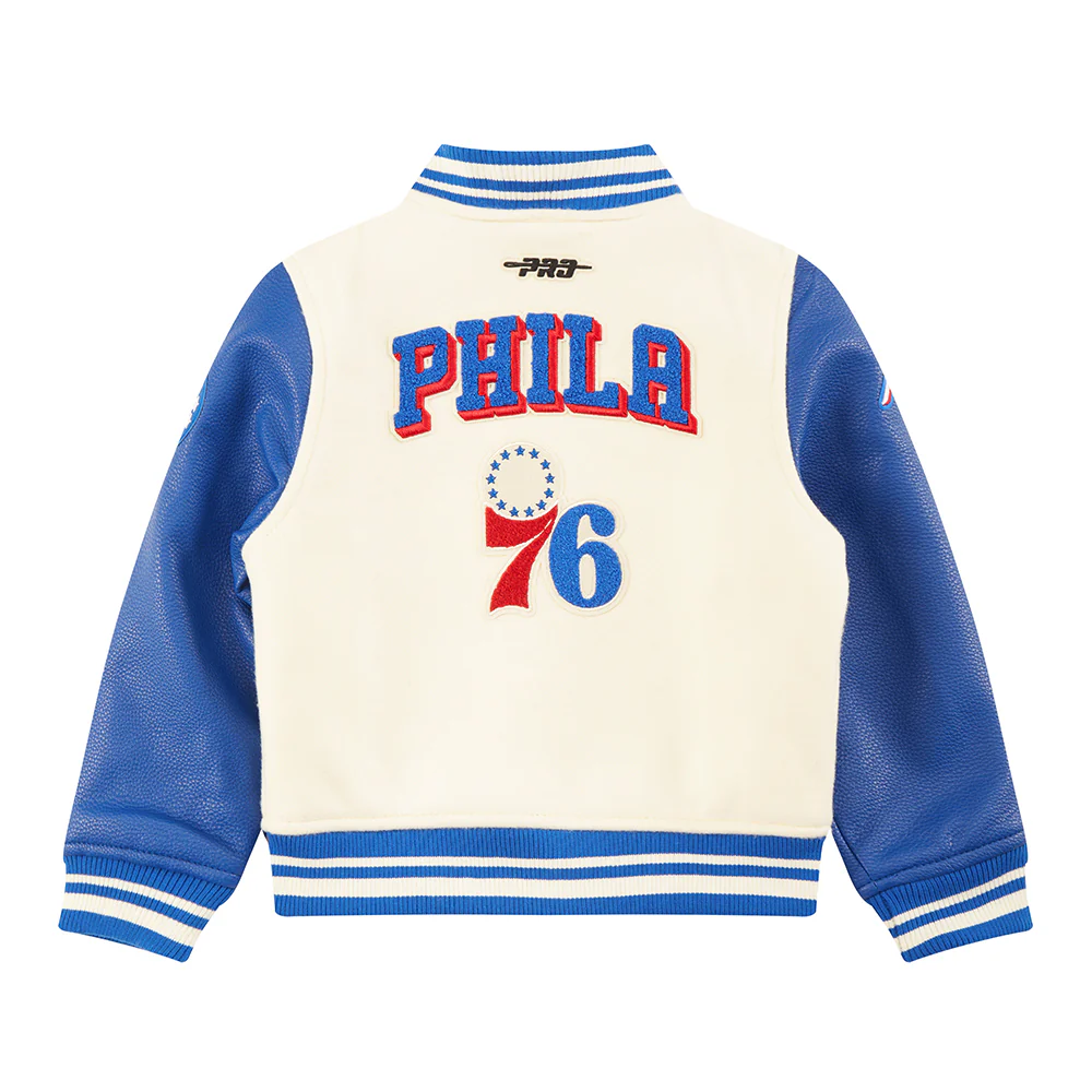 NBA PHILADELPHIA 76ERS RETRO CLASSIC TODDLER BOYS RIB WOOL VARSITY JACKET (EGGSHELL/ROYAL BLUE) - Image 4