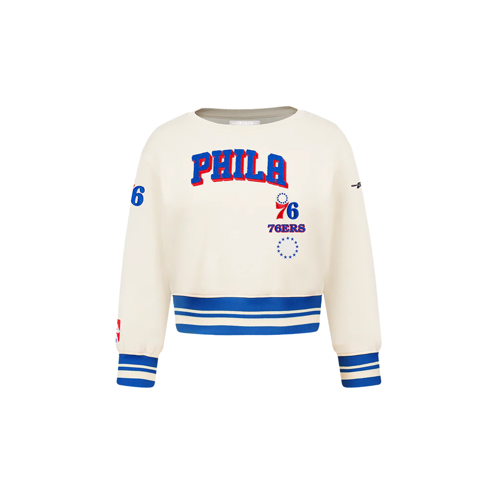 NBA PHILADELPHIA 76ERS RETRO CLASSIC TODDLER GIRLS RIB FLEECE CREWNECK (EGGSHELL/ROYAL BLUE)