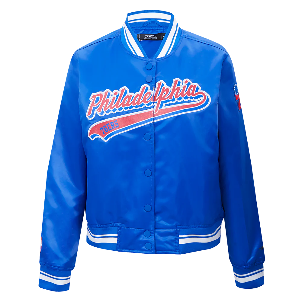 NBA PHILADELPHIA 76ers SCRIPT TAIL WOMEN'S SATIN JACKET (ROYAL BLUE)