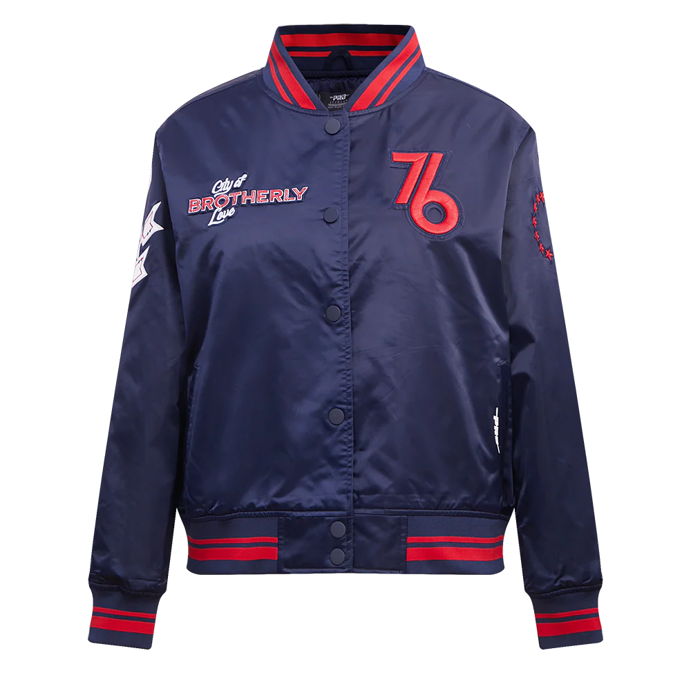 NBA PHILADELPHIA 76ERS CHEST CITY OF BROTHERLY LOVE MEN'S RIB SATIN JACKE (MIDNIGHT NAVY/RED/MIDNIGHT NAVY)