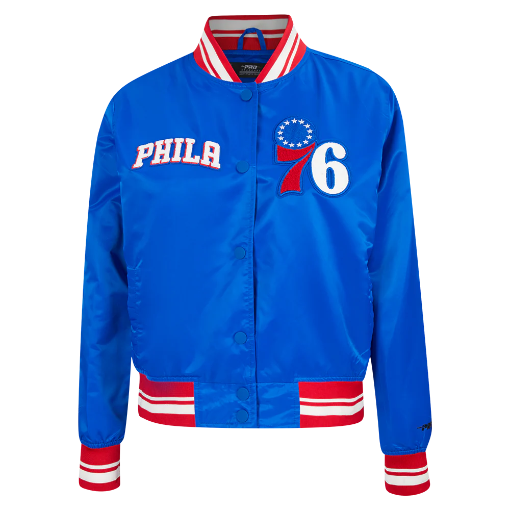 NBA PHILADELPHIA 76ERS RETRO CLASSIC WOMEN'S RIB SATIN JACKET (ROYAL BLUE/RED)