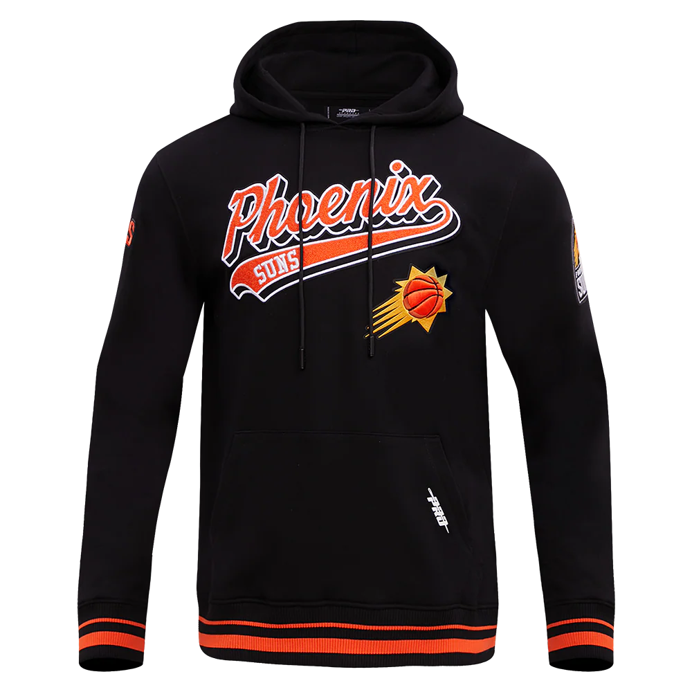 NBA PHOENIX SUNS SCRIPT TAIL MEN'S RIB FLEECE PULLOVER HOODIE (BLACK/ORANGE)
