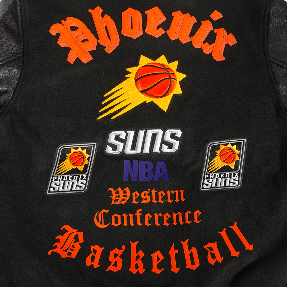 NBA PHOENIX SUNS OLD ENGLISH MEN'S RIB WOOL VARSITY JACKET (BLACK/ORANGE) - Image 9