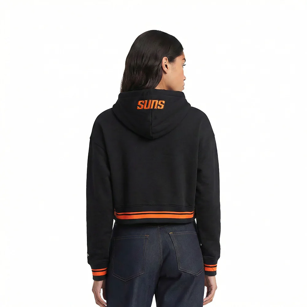 NBA PHOENIX SUNS SCRIPT TAIL WOMEN'S RIB FLEECE CROPPED PULLOVER HOODIE (BLACK/ORANGE) - Image 2