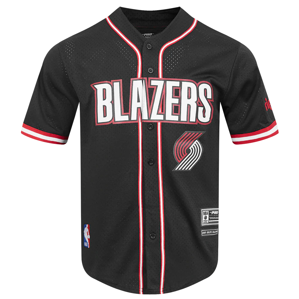 NBA PORTLAND TRAIL BLAZERS CLASSIC MESH MEN'S BUTTON DOWN SHIRT (BLACK/RED) - Image 3
