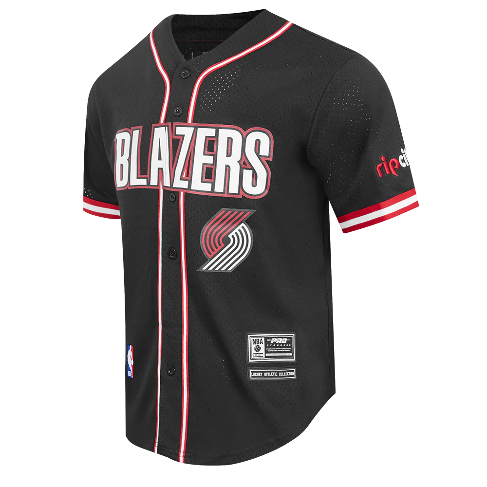 NBA PORTLAND TRAIL BLAZERS CLASSIC MESH MEN'S BUTTON DOWN SHIRT (BLACK/RED) - Image 4
