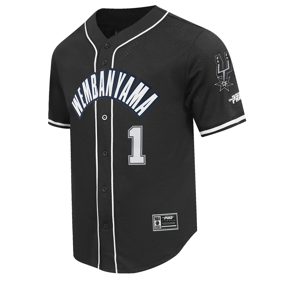 NBA SAN ANTONIO SPURS VICTOR WEMBANYAMA #1 CLASSIC MESH PNN MEN'S MESH BUTTON DOWN SHIRT (BLACK) - Image 2