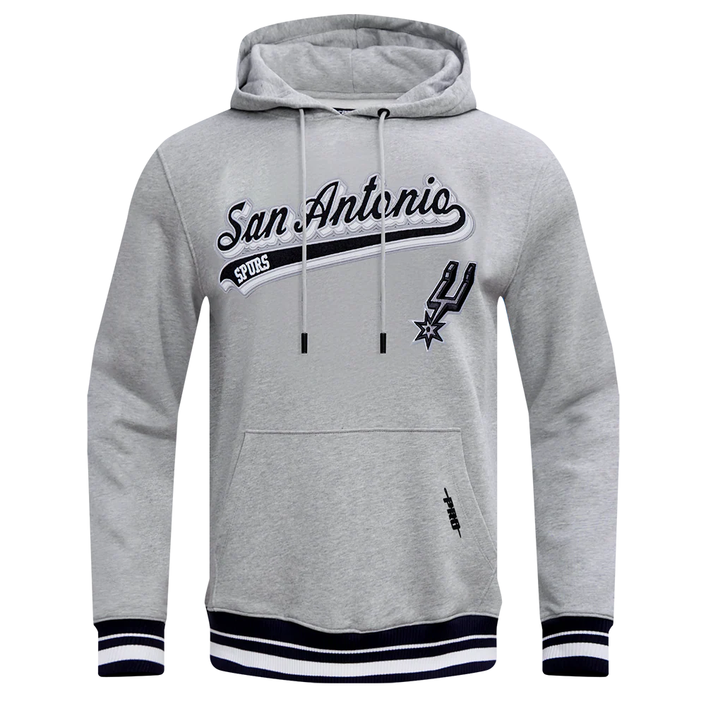 NBA SAN ANTONIO SPURS SCRIPT TAIL MEN'S RIB FLEECE PULLOVER HOODIE (HEATHER GRAY/BLACK)