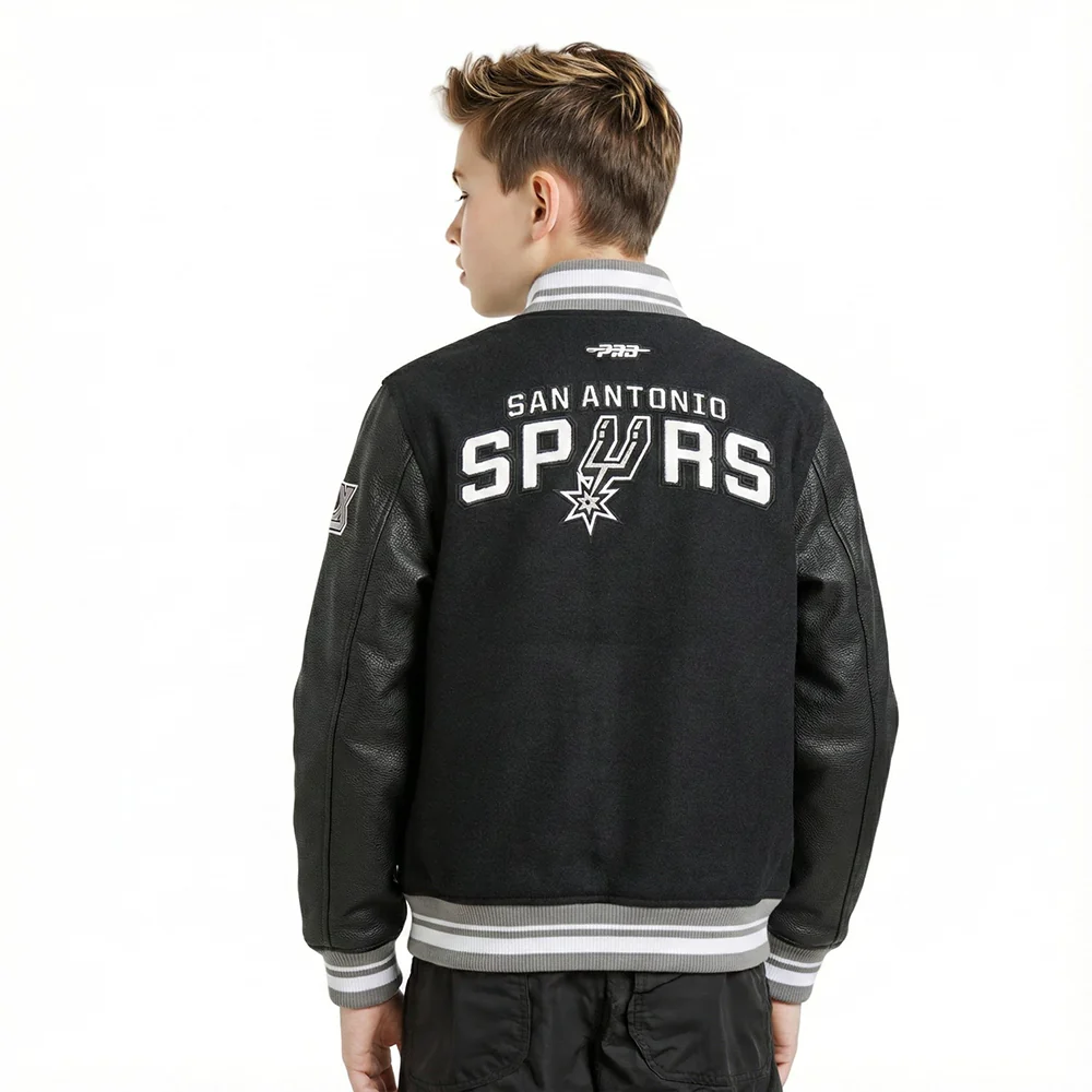 NBA SAN ANTONIO SPURS RETRO CLASSIC BIG BOYS RIB WOOL VARSITY JACKET (BLACK/GRAY) - Image 2