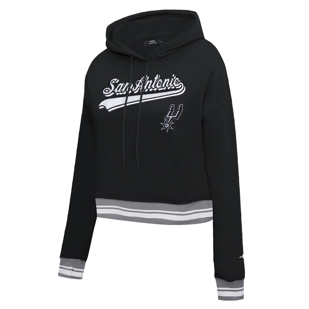 NBA SAN ANTONIO SPURS SCRIPT TAIL WOMEN'S RIB FLEECE CROPPED PULLOVER HOODIE (BLACK/GRAY) - Image 2